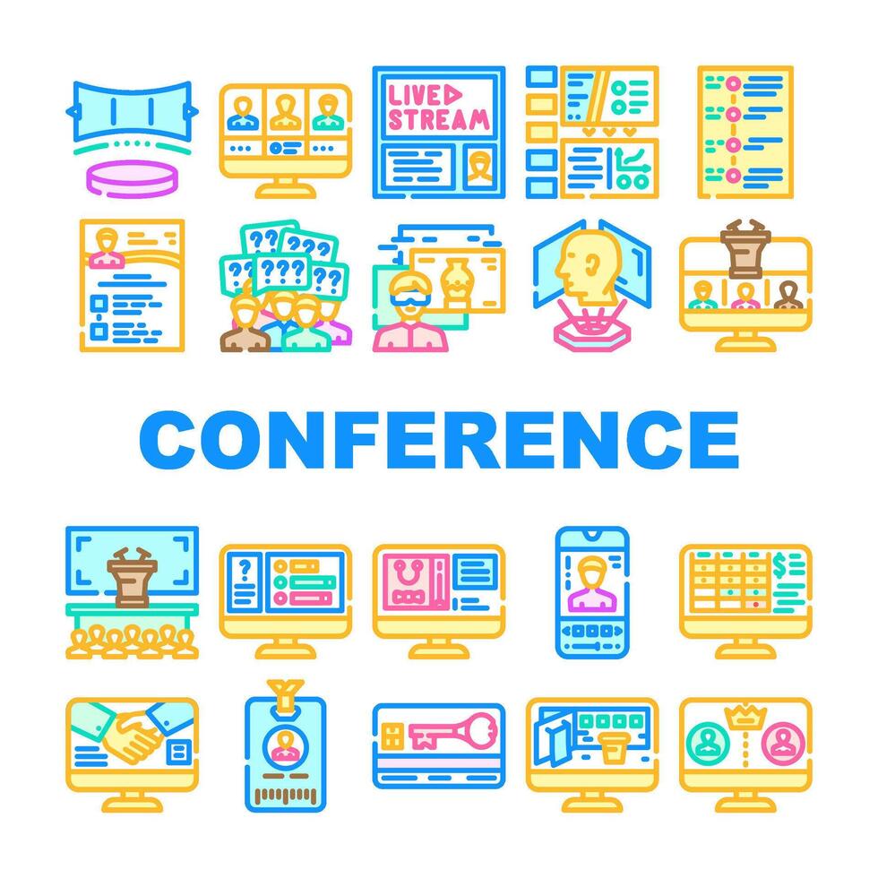 virtuale conferenza evento in linea icone impostato vettore