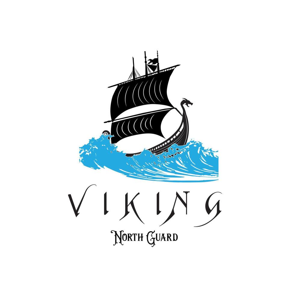 vichingo nave logo simbolo illustrazione e oceano onde illustrazione vettore