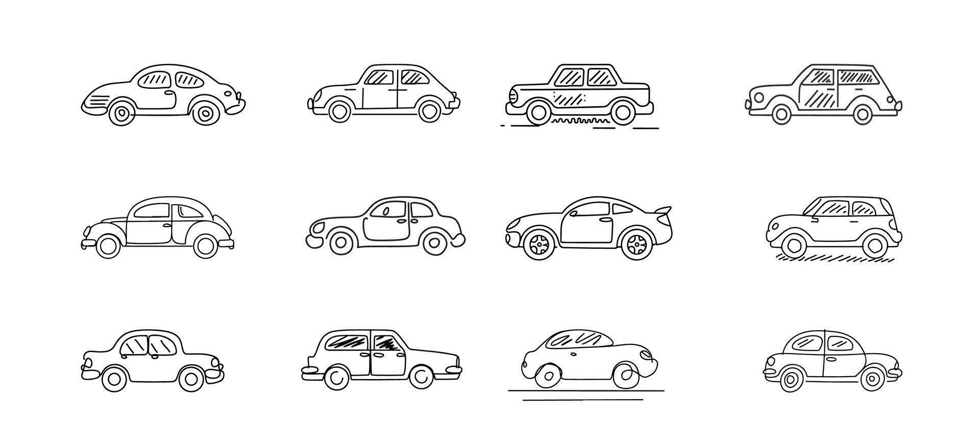 auto icona impostato nel lineare stile, veicolo schema schizzo illustrazione isolato su bianca sfondo vettore