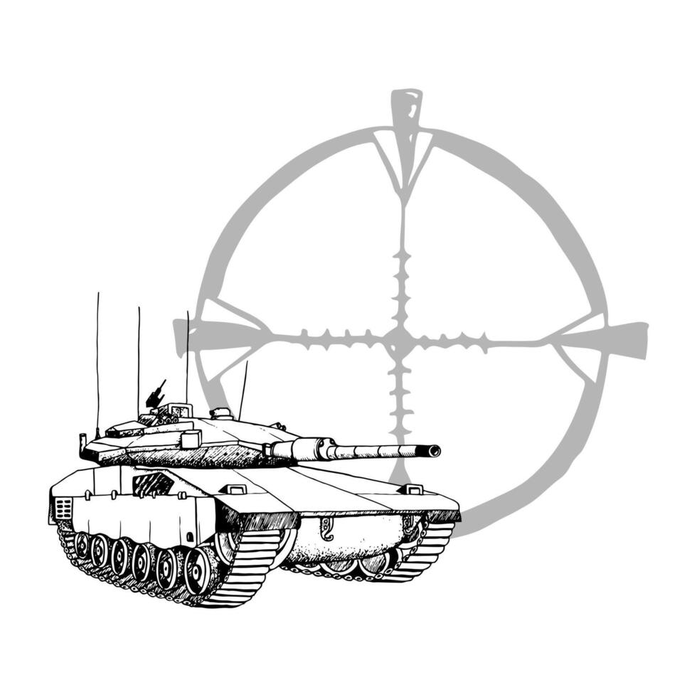 merkava serbatoio di Israele con ottico vista nero e bianca illustrazione. israeliano militare macchina di idf. mano disegnato guerra inchiostro disegno vettore