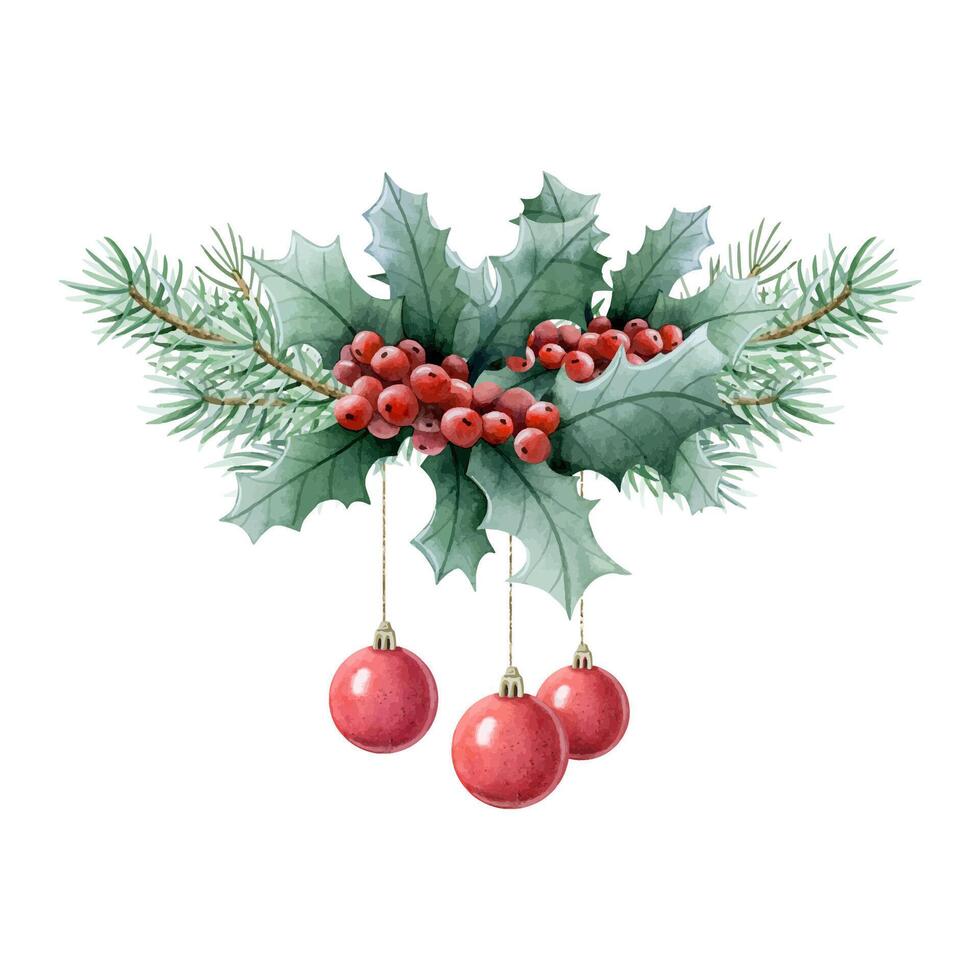 Natale albero rami, agrifoglio rosso frutti di bosco e sospeso palle ornamento acquerello illustrazione. inverno vacanze simbolo vettore