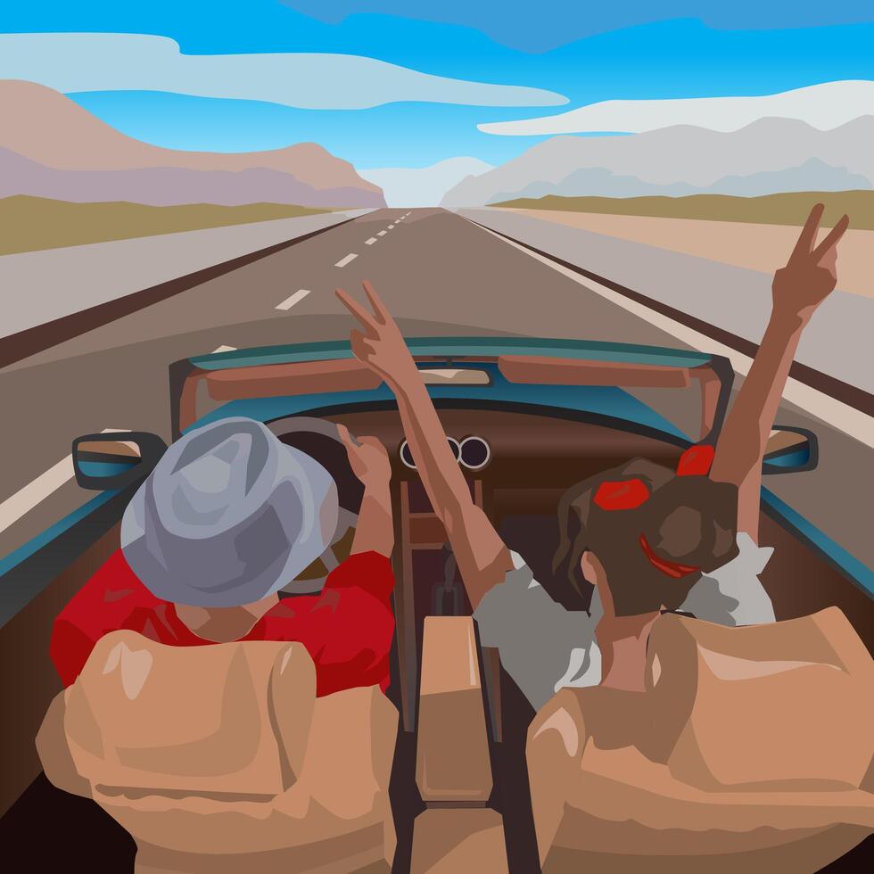 coppia giovane persone siamo guida un' auto Aperto tetto e raccolta sua mani su indietro posa angolo festeggiare estate tempo con bellissimo Visualizza di colline vettore
