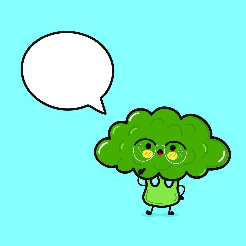 broccoli con discorso bolla. mano disegnato cartone animato kawaii personaggio illustrazione icona. isolato su blu sfondo. broccoli personaggio concetto vettore