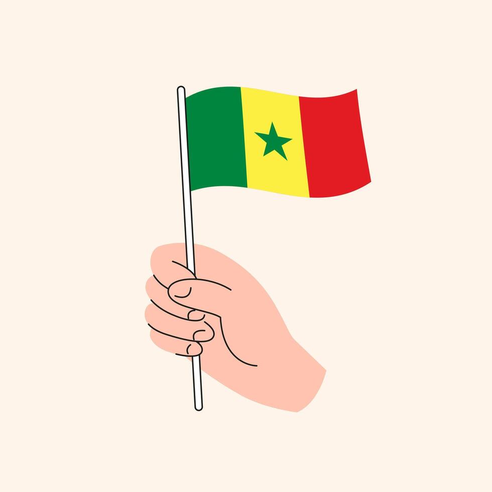 cartone animato mano Tenere senegalese bandiera, semplice design. bandiera di Senegal, ovest Africa, concetto illustrazione, isolato piatto disegno vettore