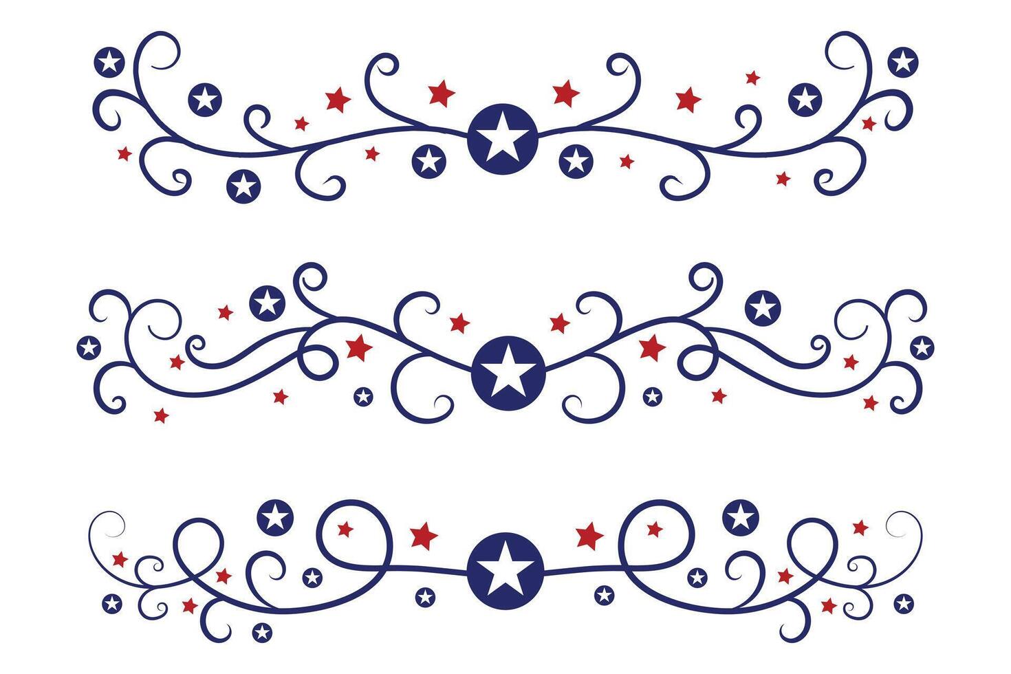 4 ° di luglio lettering intestazione ornato vortici, patriottico rosso stelle, e blu elegante fantasia separatori decorativo elementi, americano indipendenza giorno calligrafia fiorisce testo divisori vettore