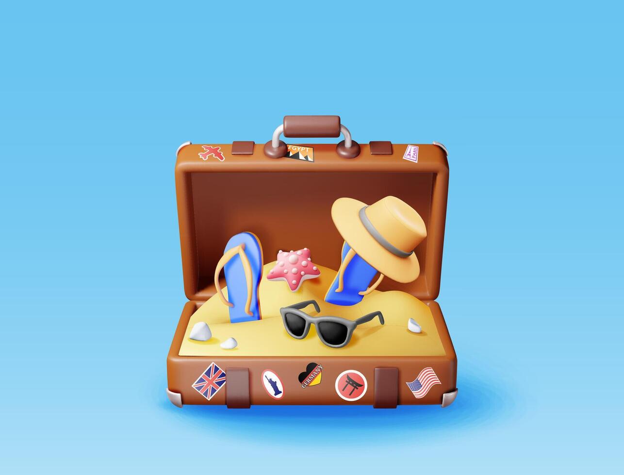 3d Vintage ▾ valigia con tropicale spiaggia dentro. rendere pelle classico viaggio Borsa con adesivi, infradito, occhiali da sole e cappello su spiaggia. viaggio vacanza o vacanza, trasporto. vettore