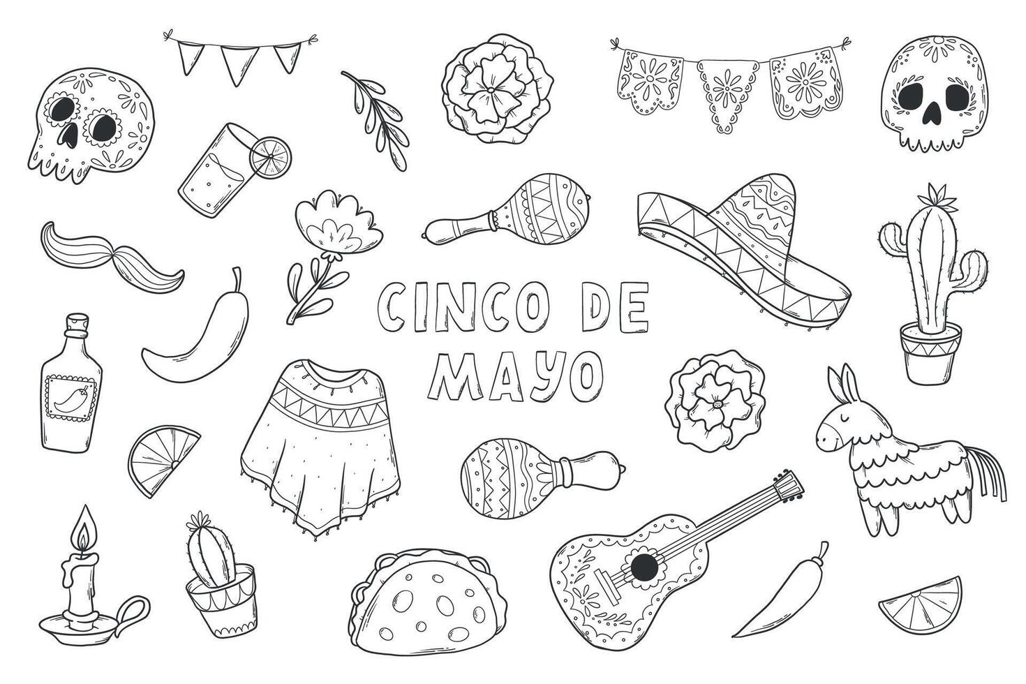 cinco de mayo monocromatico scarabocchi collezione, clip arte impostare, cartone animato elementi per colorazione libri, stampe, carte, stazionario, adesivi, eccetera. eps 1 vettore