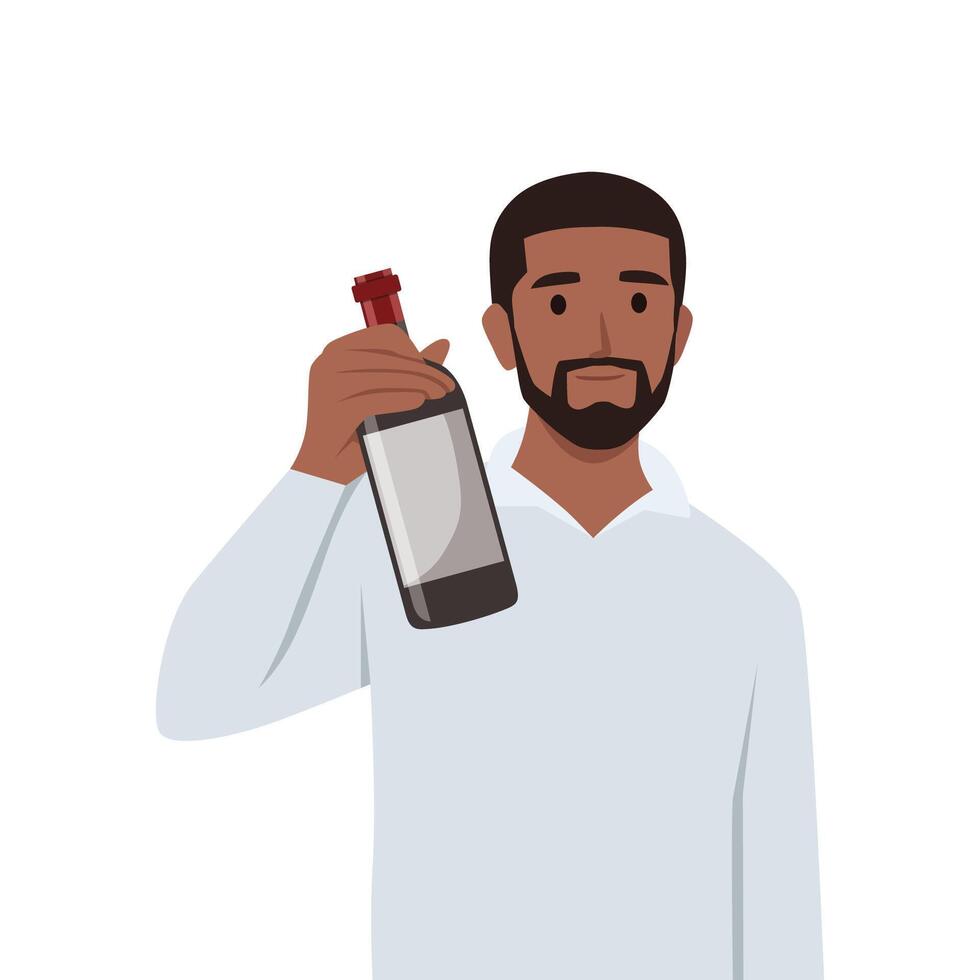 giovane nero uomo in piedi Tenere bottiglia di vino offerta per il suo amico. vettore