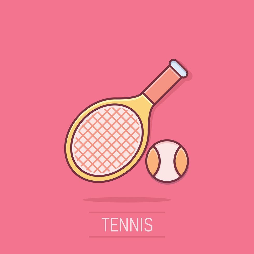tennis racchetta icona nel comico stile. gioco racchetta cartone animato illustrazione su isolato sfondo. sport attività spruzzo effetto cartello attività commerciale concetto. vettore