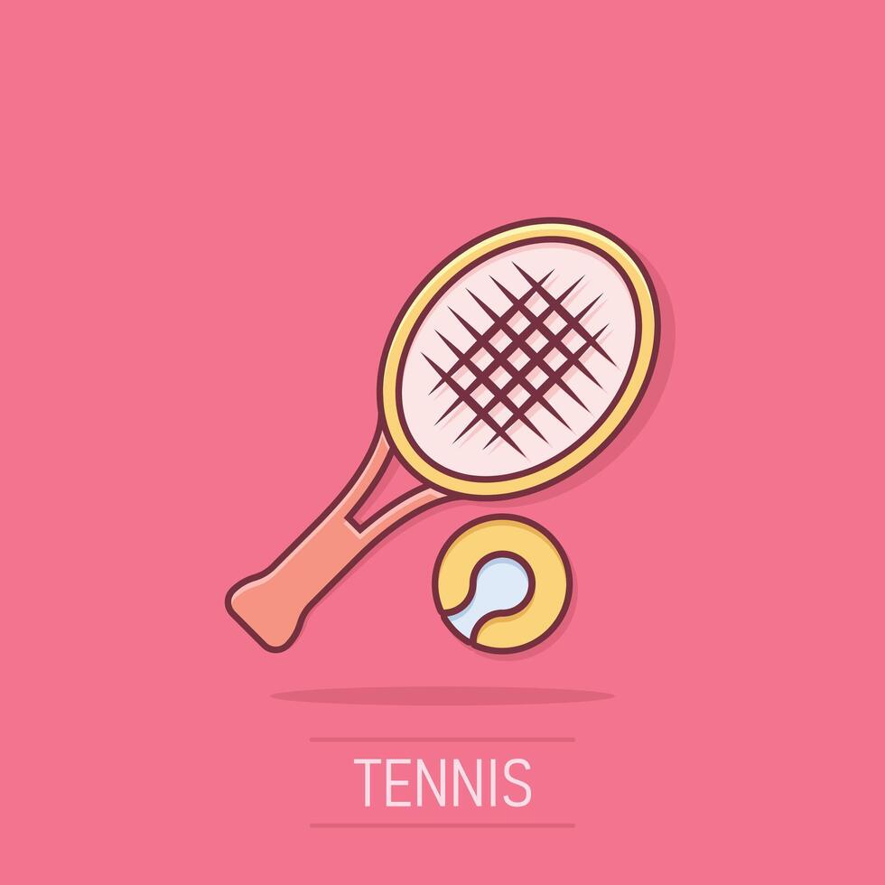 tennis racchetta icona nel comico stile. gioco racchetta cartone animato illustrazione su isolato sfondo. sport attività spruzzo effetto cartello attività commerciale concetto. vettore