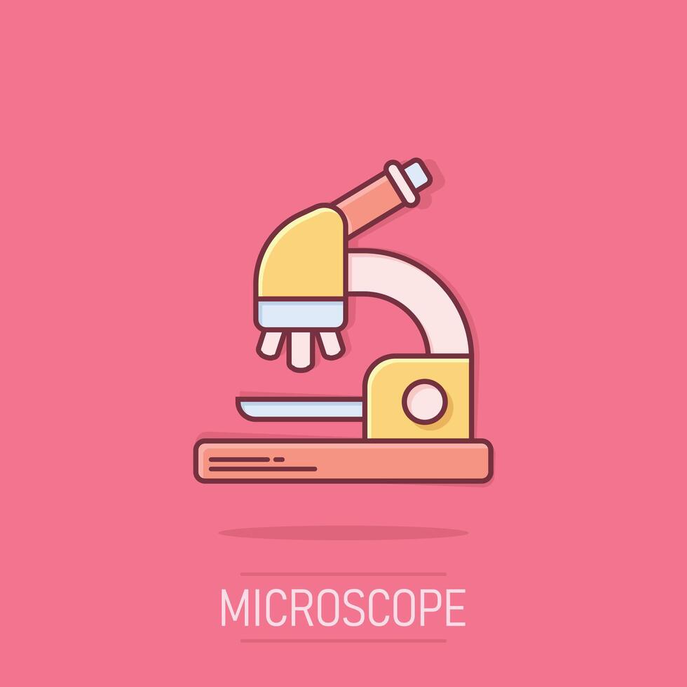 microscopio icona nel comico stile. laboratorio lente d'ingrandimento cartone animato illustrazione su isolato sfondo. biologia strumento spruzzo effetto cartello attività commerciale concetto. vettore