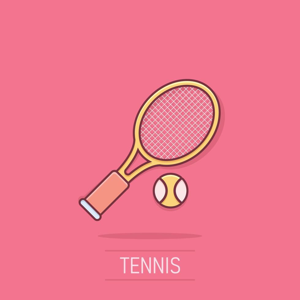 tennis racchetta icona nel comico stile. gioco racchetta cartone animato illustrazione su isolato sfondo. sport attività spruzzo effetto cartello attività commerciale concetto. vettore