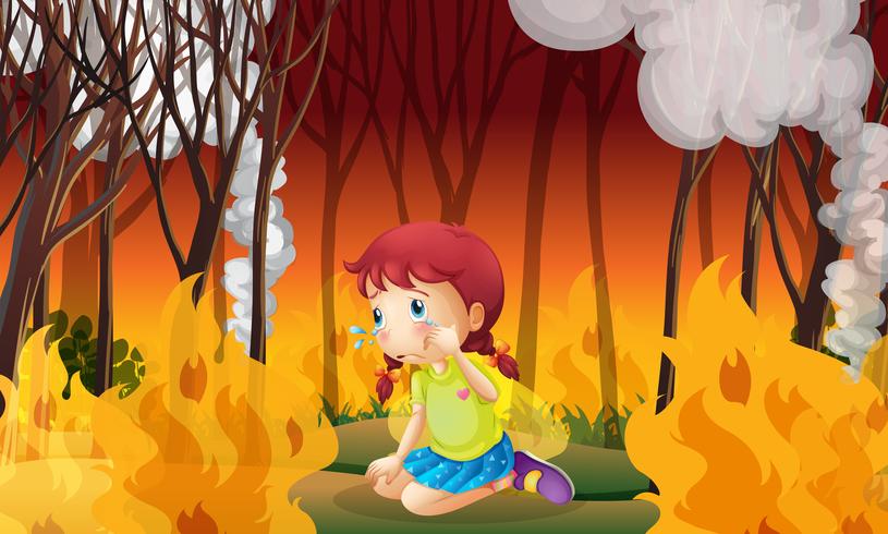Una ragazza che piange nella foresta di Wildfire vettore