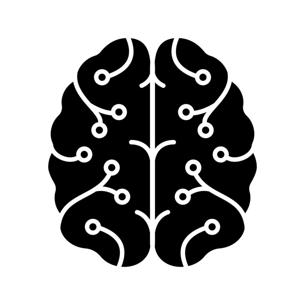 icona del glifo. simbolo di sagoma. cervello digitale. intelligenza artificiale. neurotecnologia. rete neurale. apprendimento automatico. spazio negativo. illustrazione vettoriale isolato