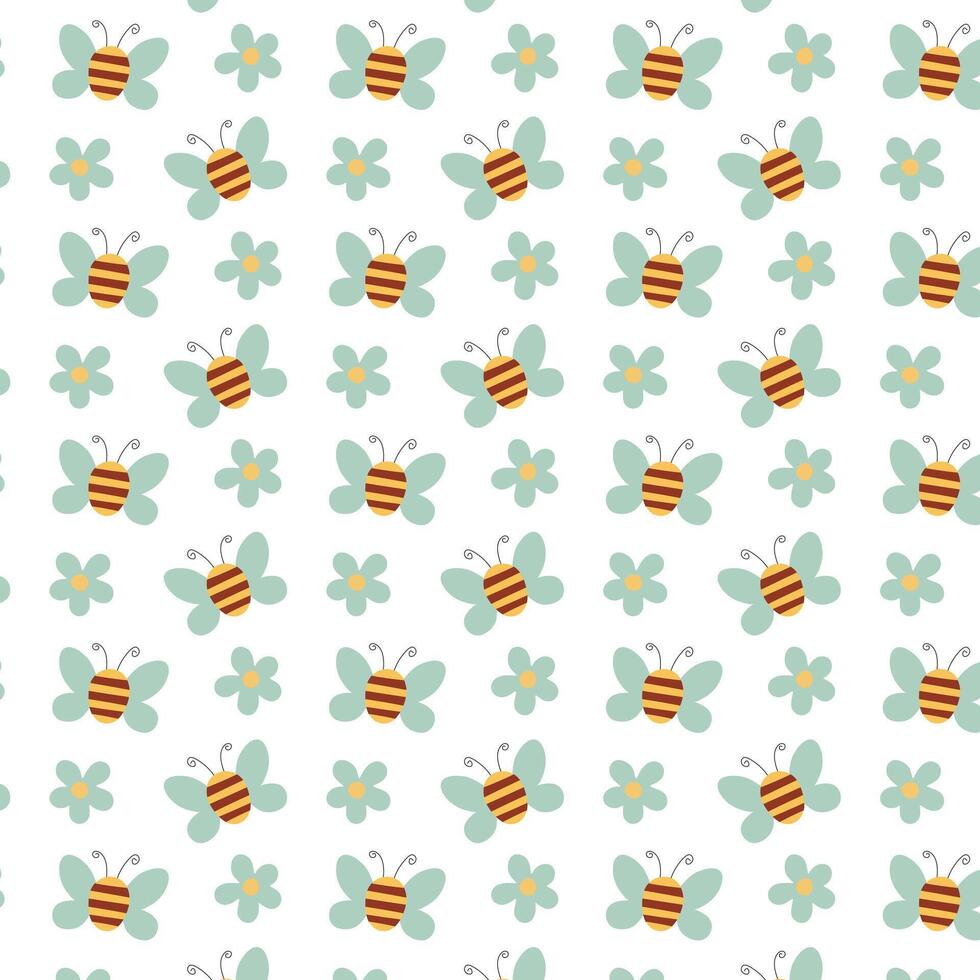 primavera senza soluzione di continuità modello. fiore e ape ripetere su su bianca sfondo. carino infantile natura design nel cartone animato piatto stile per coperchio, Stampa. illustrazione. vettore