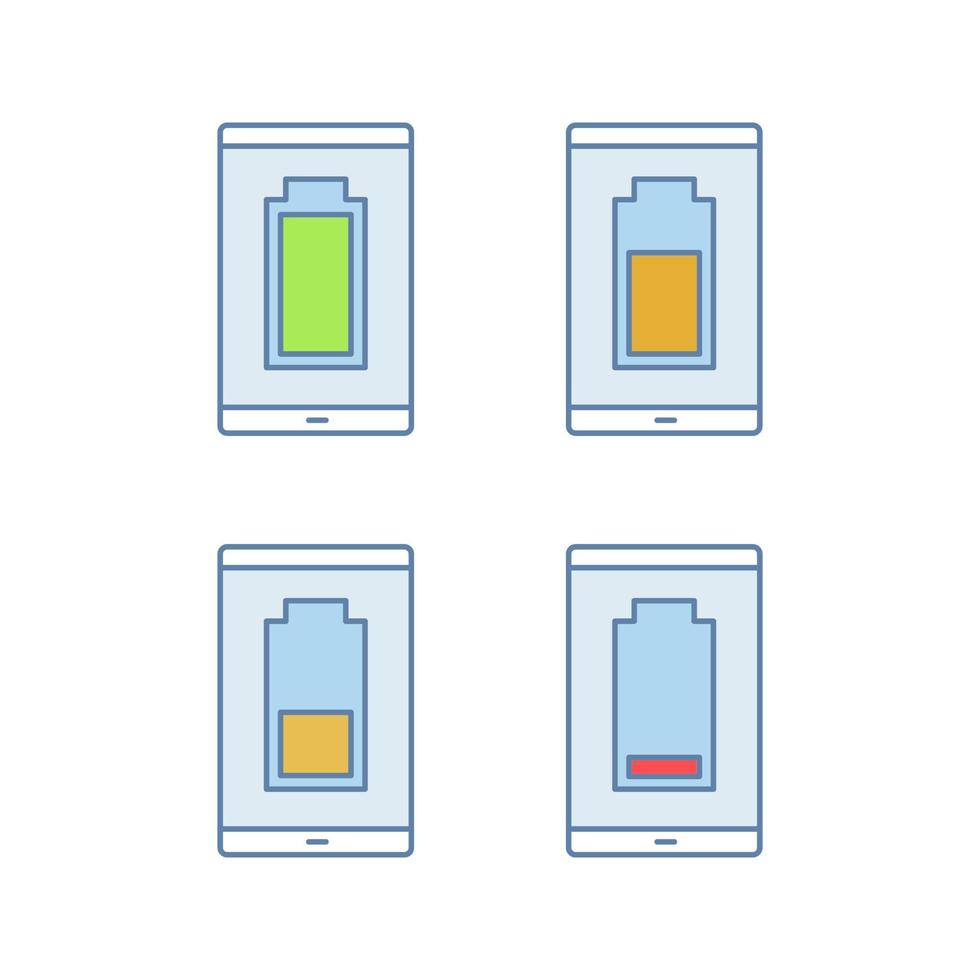 set di icone a colori per la ricarica della batteria dello smartphone. indicatore del livello della batteria del telefono cellulare. carica media, bassa e alta. illustrazioni vettoriali isolate