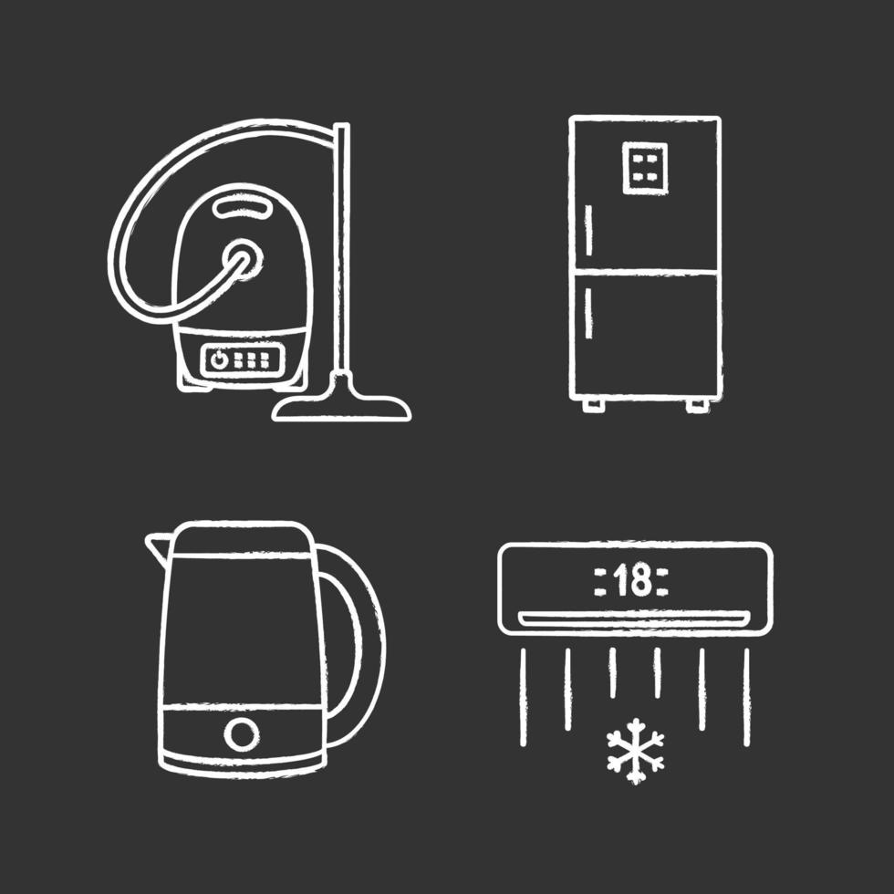 set di icone di gesso per elettrodomestici. aspirapolvere, frigorifero, bollitore elettrico, condizionatore. illustrazioni di lavagna vettoriali isolate