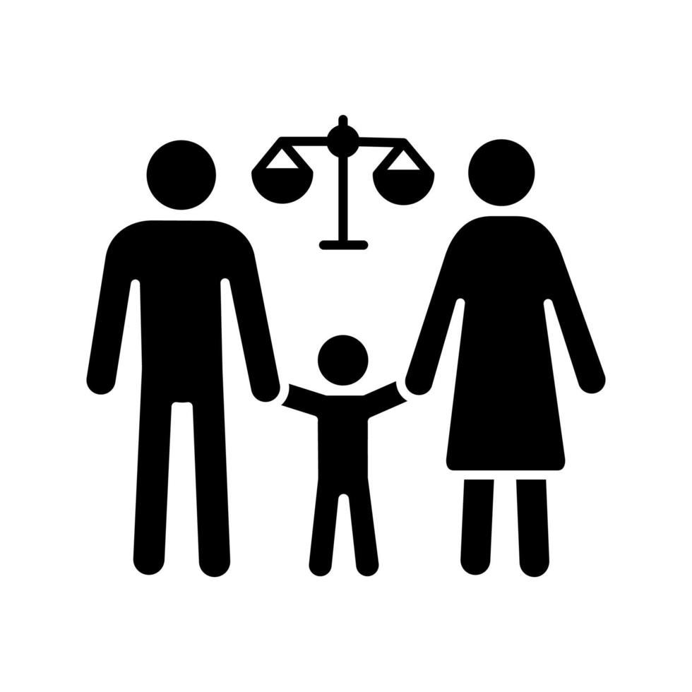 icona del glifo con corte di famiglia. simbolo di sagoma. affidamento dei figli. procedimenti di diritto di famiglia. mediazione divorzio, separazione legale. spazio negativo. illustrazione vettoriale isolato