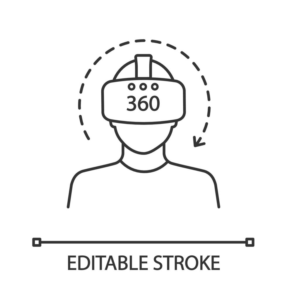 icona lineare del video di realtà virtuale. Video a 360 gradi. illustrazione di linea sottile. lettore vr con maschera, occhiali, auricolare e freccia di rotazione. simbolo di contorno. disegno vettoriale isolato profilo. tratto modificabile