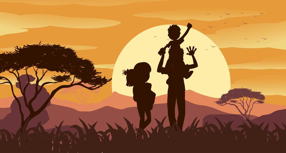 Scena silhouette con la famiglia nel parco vettore