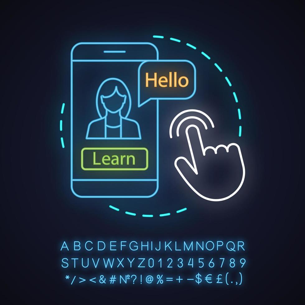 app per l'apprendimento delle lingue icona del concetto di luce al neon. idea corsi online. controllo ortografico. pratica orale con app per smartphone. segno luminoso con alfabeto, numeri e simboli. illustrazione vettoriale isolato