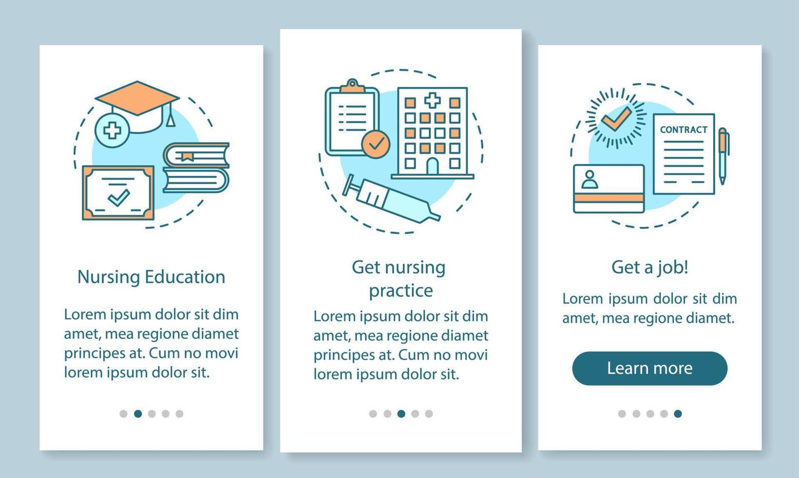 diventare infermiere a bordo della schermata della pagina dell'app mobile, concetti lineari. scuola infermieri, corsi guida passo passo istruzioni grafiche. educazione medica, pratica. ux, ui, template vettoriale gui, illustrazioni