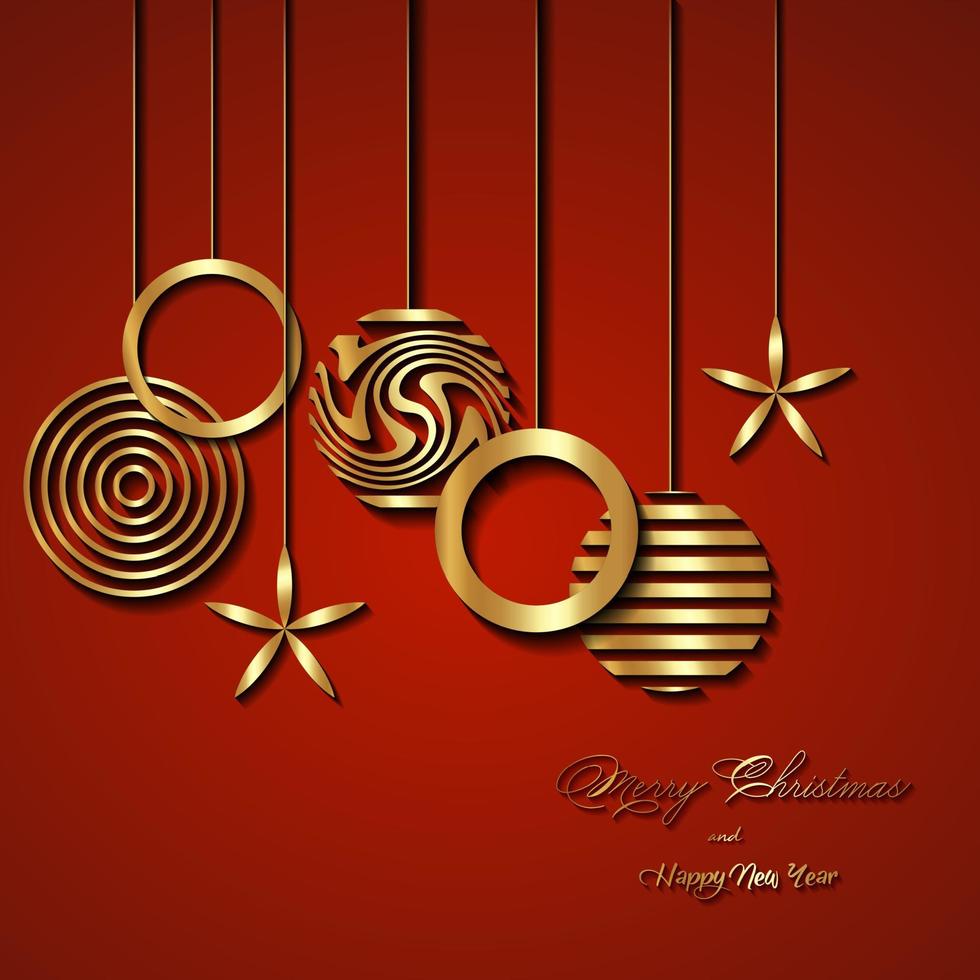 striscione natalizio di lusso con auguri di buon natale e felice anno nuovo scritti a mano in oro e palline di natale color oro. illustrazione vettoriale isolato su sfondo rosso