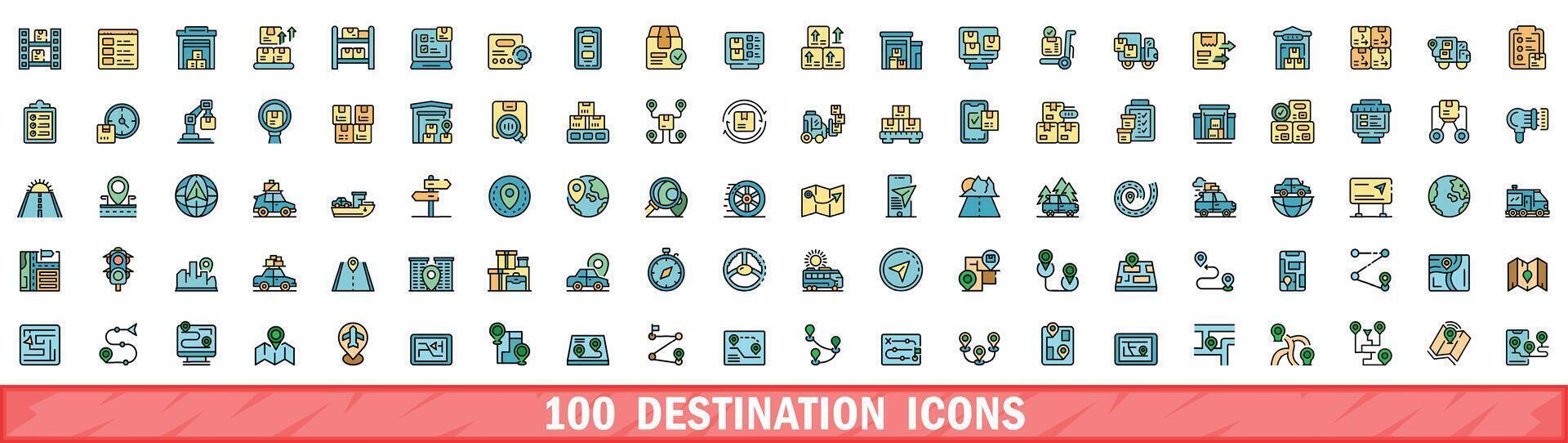 100 destinazione icone impostare, colore linea stile vettore