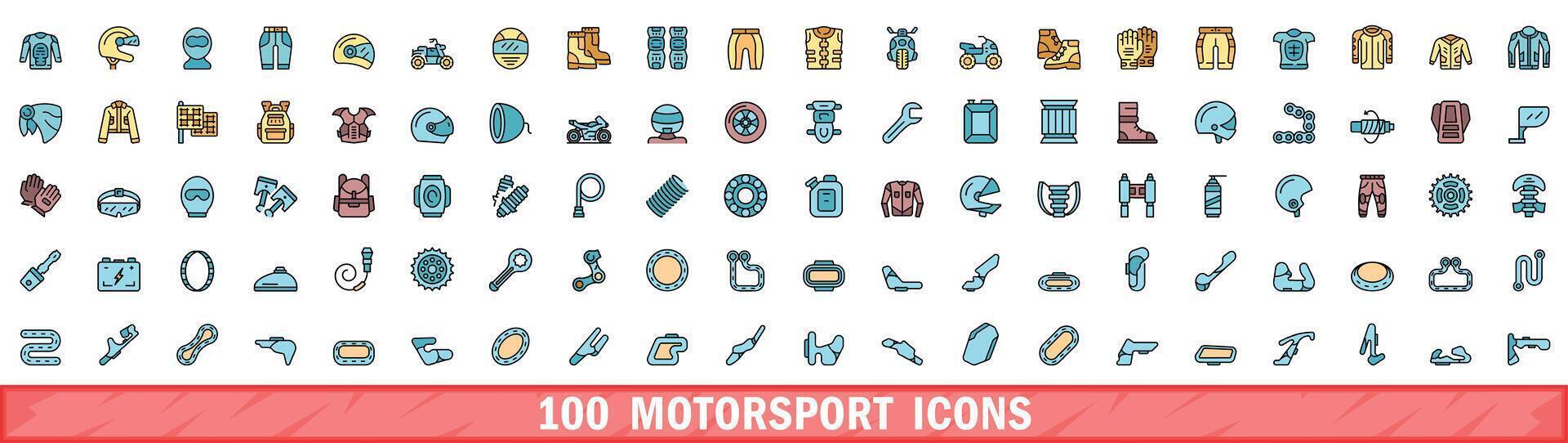 100 motorsport icone impostare, colore linea stile vettore