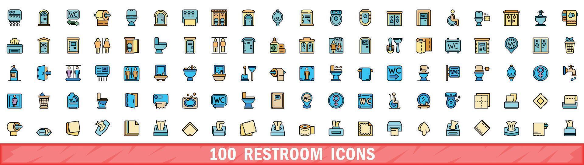 100 toilette icone impostare, colore linea stile vettore