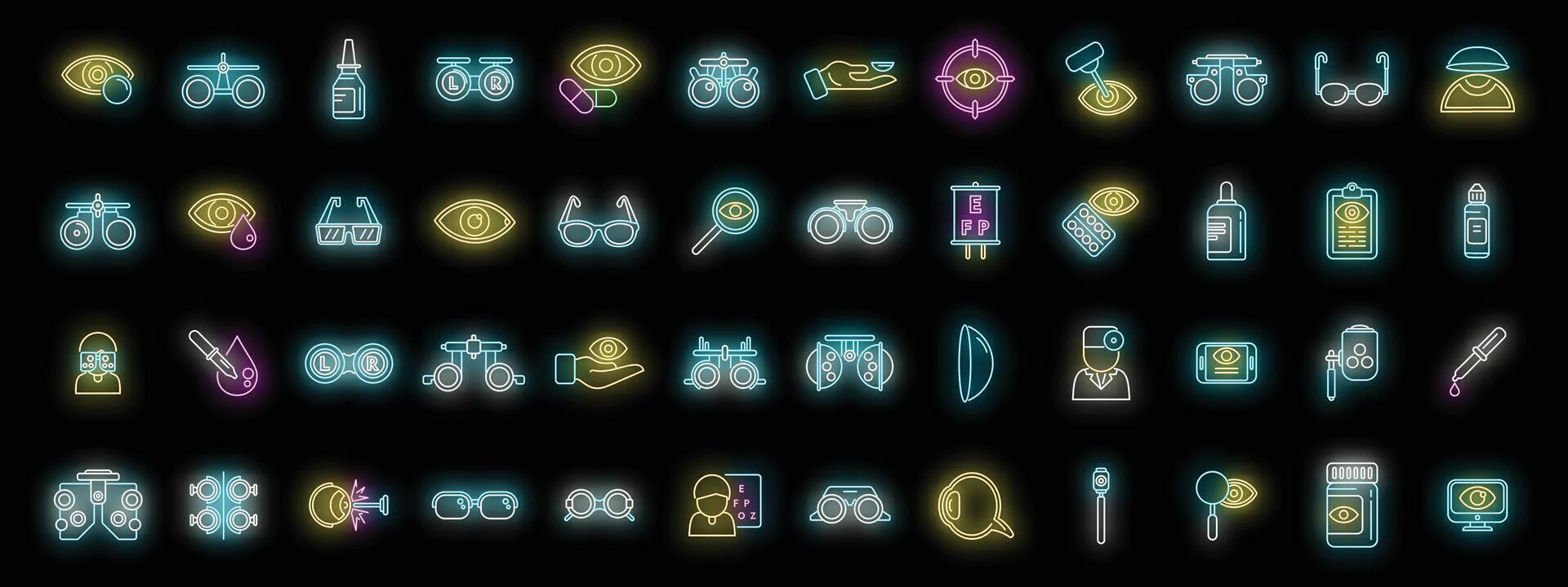 optometria icone impostato neon vettore