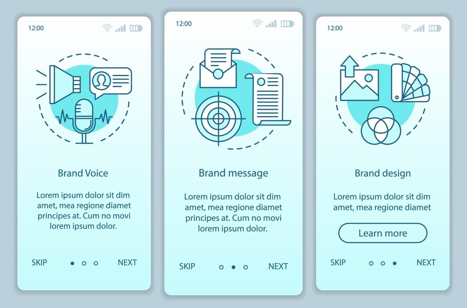 elementi di branding onboarding del modello di vettore della schermata della pagina dell'app mobile. voce, messaggio e design del marchio. procedura dettagliata del sito Web con illustrazioni lineari. ux, ui, gui concetto di interfaccia per smartphone