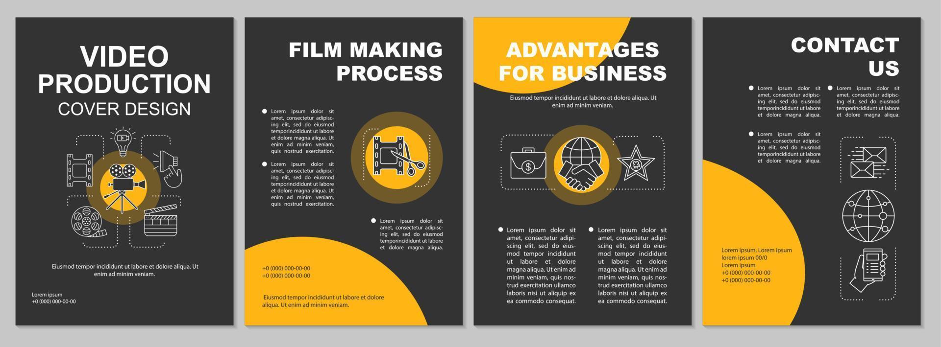 layout del modello di brochure dell'agenzia di produzione video. realizzazione di film. volantino, opuscolo, stampa di volantini con illustrazioni lineari. layout di pagine vettoriali per riviste, relazioni annuali, manifesti pubblicitari