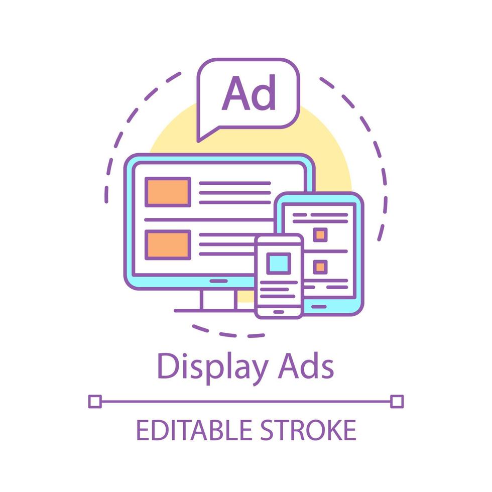 visualizzare l'icona del concetto di annunci. annunci digitali, pubblicità online, illustrazione della linea sottile dell'idea di marketing display. marketing commerciale sul disegno di contorno isolato vettore dello schermo. tratto modificabile