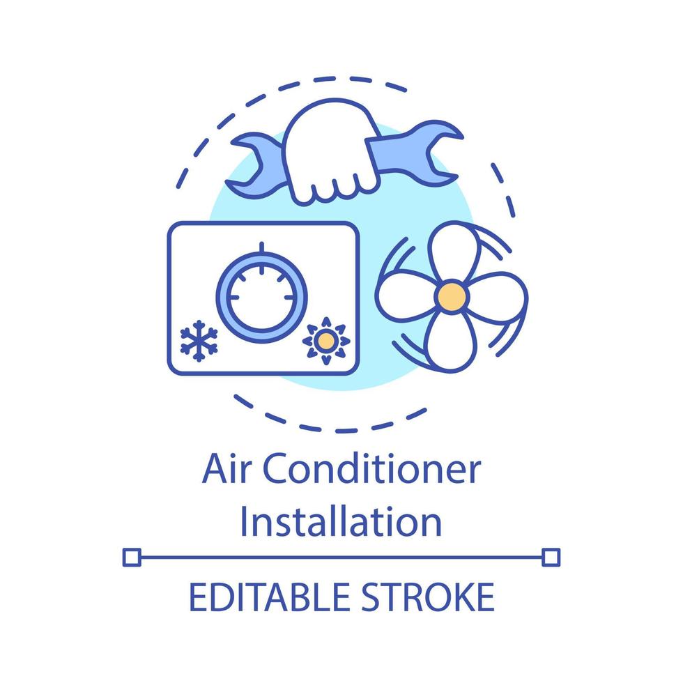 icona del concetto di installazione del condizionatore d'aria. servizio a domicilio per dispositivi elettronici idea illustrazione al tratto sottile. ventilatore di scarico, installazione dell'apparecchio di raffreddamento. disegno vettoriale isolato profilo. tratto modificabile