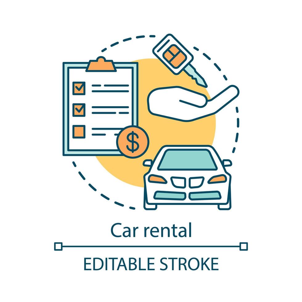 icona del concetto di noleggio auto. noleggio di automobili, illustrazione al tratto sottile di idea di leasing. noleggio auto. viaggio, viaggio su strada. macchina per le vacanze. trasporto auto personale. disegno vettoriale isolato profilo. tratto modificabile