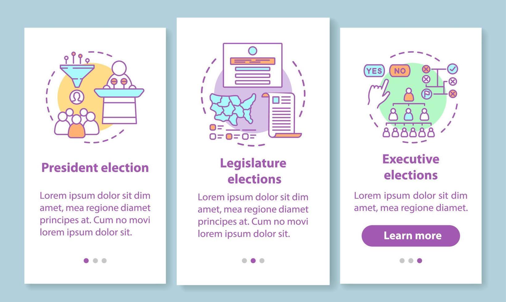 schermata della pagina dell'app mobile di onboarding delle elezioni con il concetto lineare. presidente, legislatura, elezioni esecutive. tre passaggi illustrativi istruzioni grafiche. ux, ui, gui modello vettoriale con illustrazione