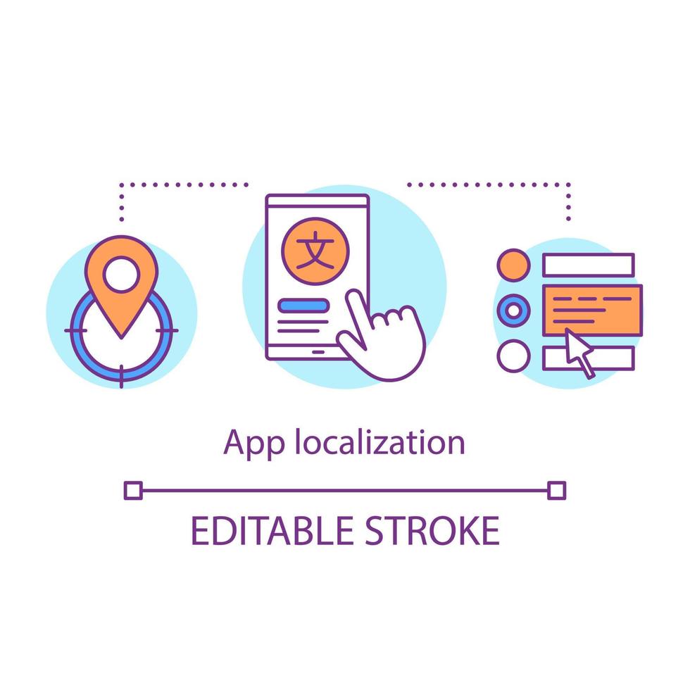 icona del concetto di servizi di traduzione. illustrazione della linea sottile dell'idea di localizzazione dell'applicazione. traduzione di app per l'estero, globalizzazione aziendale. disegno vettoriale isolato profilo. tratto modificabile