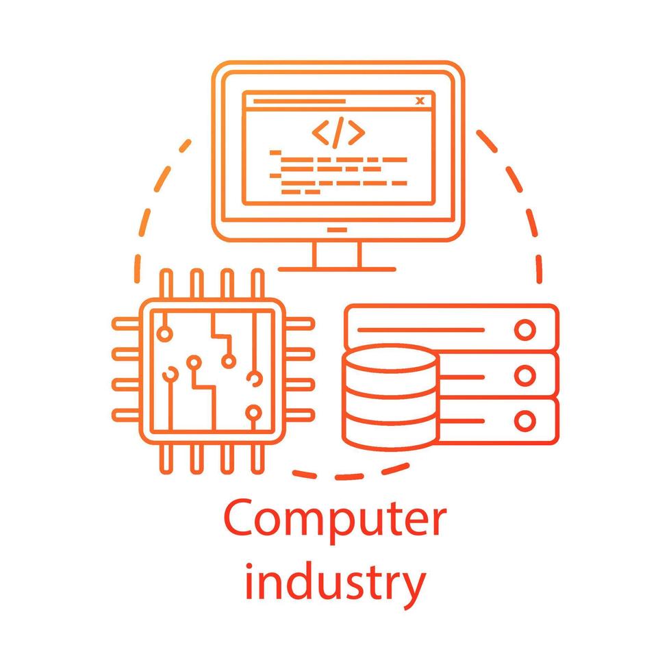 icona del concetto di industria informatica. hardware, sviluppo software. programmazione. server dati, cpu. illustrazione della linea sottile di idea di tecnologia dell'informazione. disegno vettoriale isolato profilo. tratto modificabile