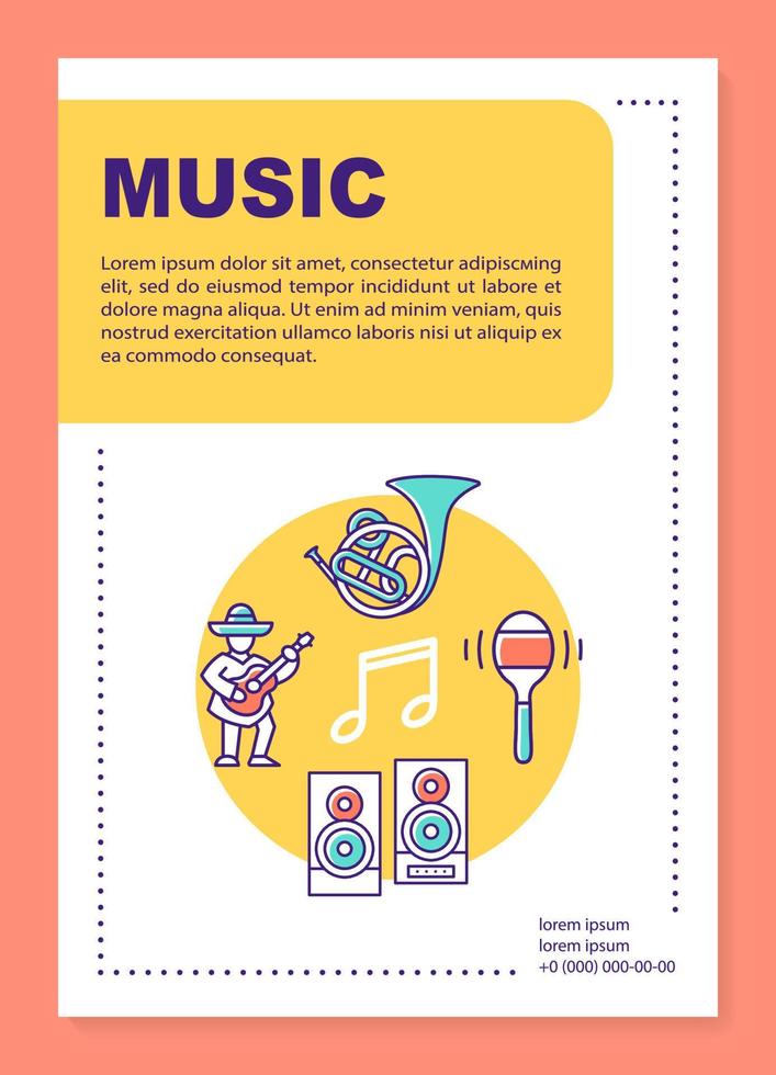 layout del modello di poster dell'industria musicale. industria dell'intrattenimento. banner, opuscolo, stampa di volantini con icone lineari. layout di pagina brochure vettoriali per riviste, volantini pubblicitari