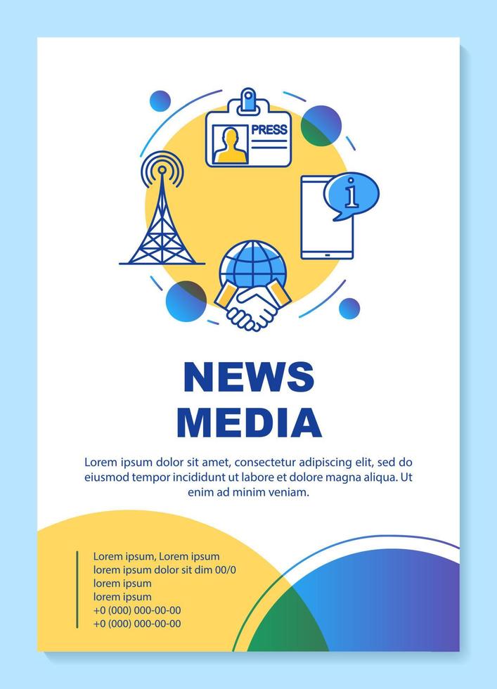 layout del modello di poster dei media di notizie. settore delle telecomunicazioni. banner, opuscolo, stampa di volantini con icone lineari. layout di pagina brochure vettoriali per riviste, volantini pubblicitari