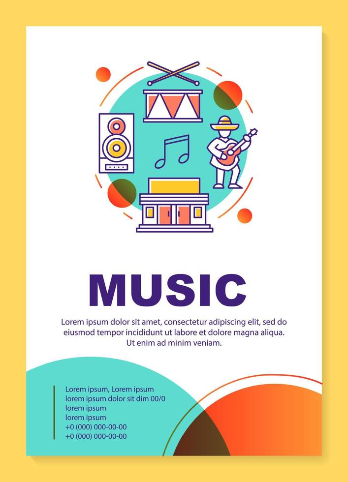 layout del modello di poster dell'industria musicale. industria dell'intrattenimento. banner, opuscolo, stampa di volantini con icone lineari. layout di pagina brochure vettoriali per riviste, volantini pubblicitari