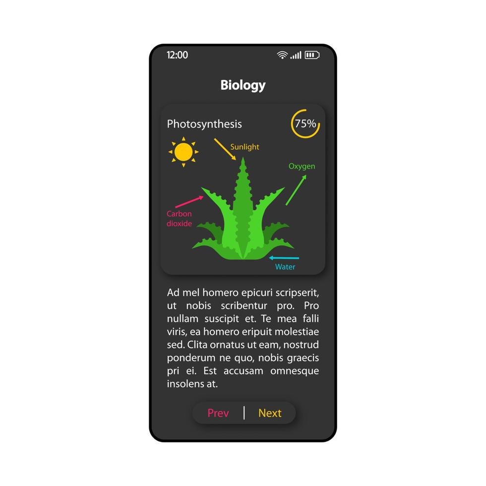 modello di vettore dell'interfaccia smartphone di scienza della biologia. layout di design nero della pagina dell'app mobile. schermata di descrizione della fotosintesi. interfaccia utente piatta per l'applicazione. display del telefono per l'autoapprendimento della materia scolastica