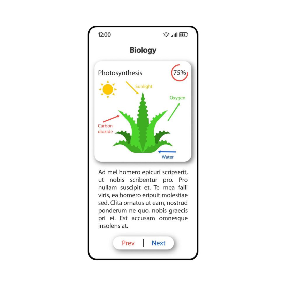 modello di vettore dell'interfaccia smartphone di biologia didattica. layout di design bianco della pagina dell'app mobile. schermata di spiegazione della fotosintesi delle piante. interfaccia utente piatta per l'applicazione. display del telefono con descrizione dell'impianto