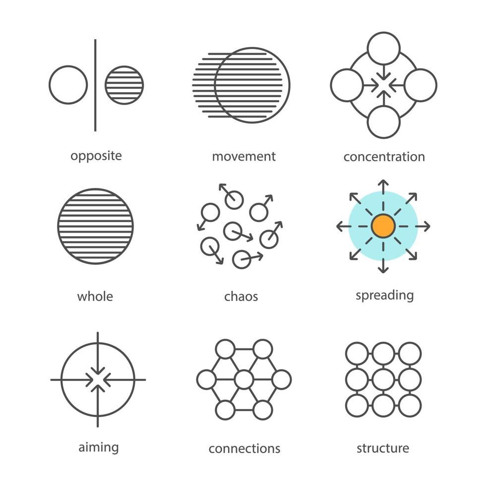 simboli astratti lineari set di icone. opposto, movimento, concentrazione, insieme, caos, diffusione, mira, connessioni, struttura. simboli di contorno linea sottile. illustrazioni di contorno vettoriale isolato