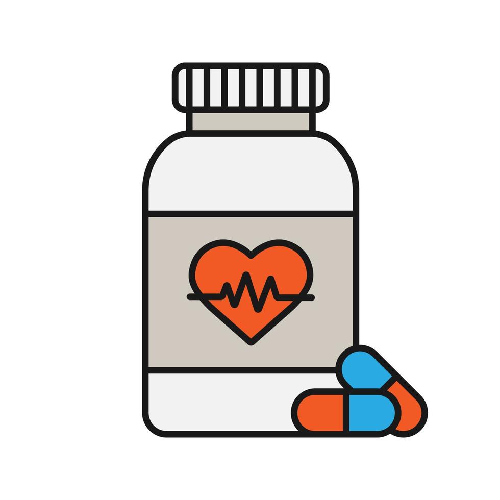 bottiglia di pillole con l'icona del colore del cuore. integratore cardiologico. illustrazione vettoriale isolato