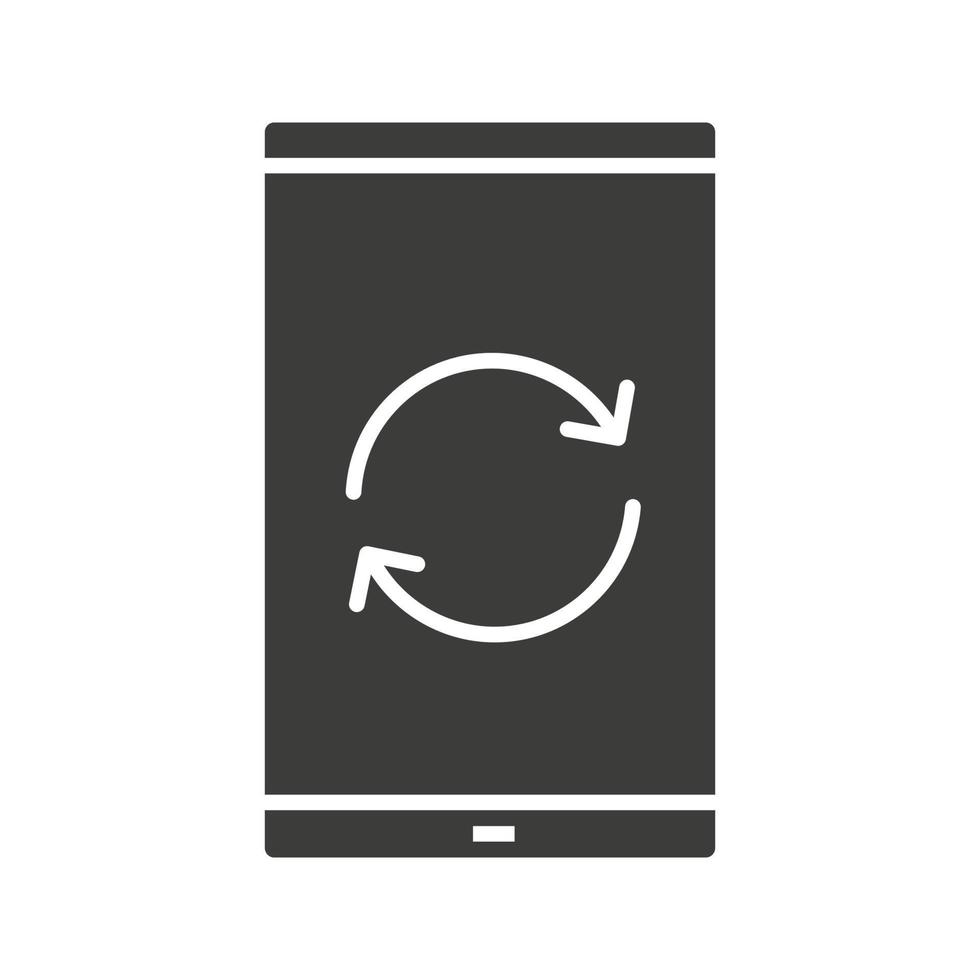 icona del glifo con il pulsante di ricarica dello smartphone. simbolo di sagoma. riavvio dello smartphone. spazio negativo. illustrazione vettoriale isolato