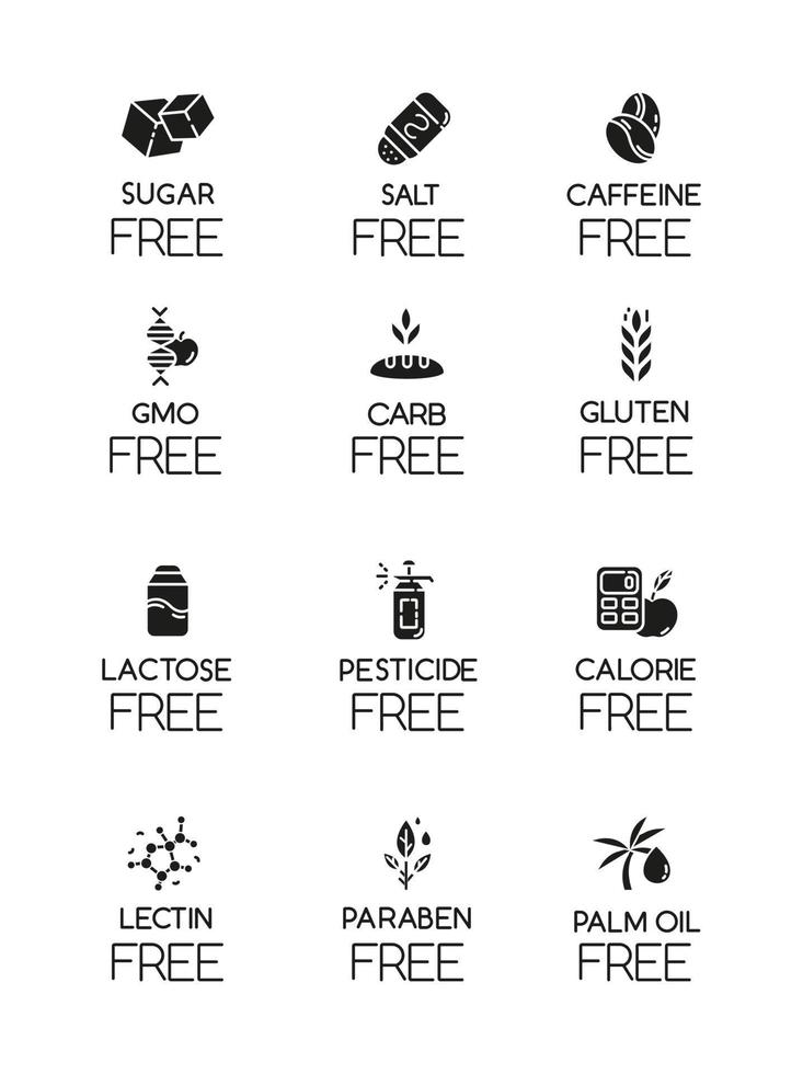 set di icone del glifo con ingrediente gratuito del prodotto. no lectine, parabeni, ogm, glutine. cibo biologico, mangiare sano. pasti a basso contenuto calorico. dietetico senza allergeni. simboli di sagoma. illustrazione vettoriale isolato