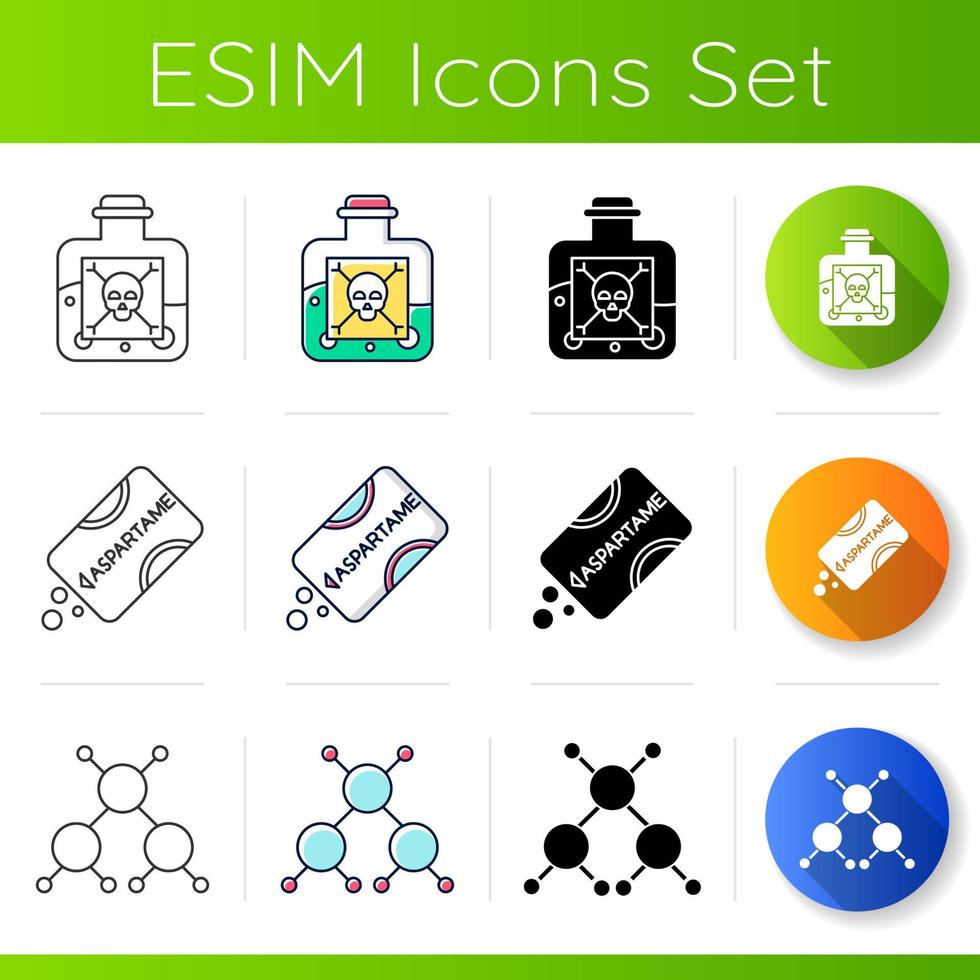 set di icone di prodotti scientifici. veleno e aspartame. sintesi chimica. atomo di molecola. ricerca chimica organica. design piatto, stili lineari, neri e a colori. illustrazioni vettoriali isolate