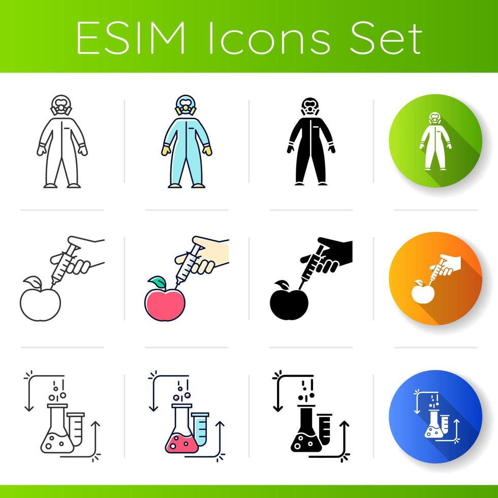 set di icone di esperimenti di laboratorio di scienze. sintesi chimica. modificazione del dna. ricerca chimica organica. design piatto, stili lineari, neri e a colori. illustrazioni vettoriali isolate